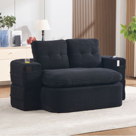 Divano trasformabile 2 in 1 in velluto a coste color smeraldo, seduta extra profonda, schienale alto, portabicchieri - nero (1/5)