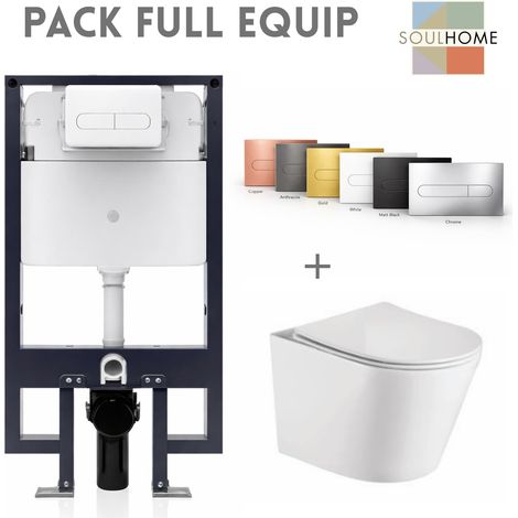 SOULHOME - Pack WC Inodoro Suspendido Blanco Brillo Completo con Cisterna Empotrada y Pulsador Oro cepillado  Tapa Slim Amortiguada -Fijacion Oculta