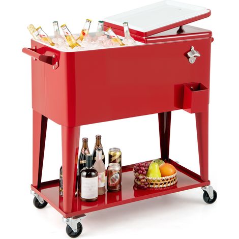 COSTWAY 75L Rolling Ice Chest Portable Patio Beverage Cooler Cart-Red