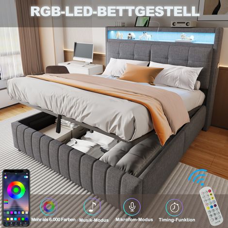 Lit coffre 160x200 cm, lit double adulte rembourré, prise LED + USB, tête de lit avec étagère, lin, sans matelas, gris (1/5)