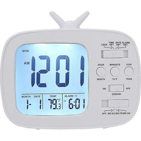Réveil intelligent avec affichage numérique LED multifonctionnel, format 12/24 heures, idéal pour la maison et la chambre, blanc. (1/4)