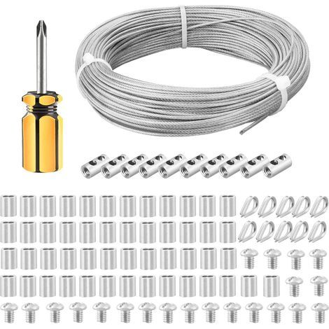 Cable de acero inoxidable, 50 m. Cable de acero inoxidable con bucle engarzado de aluminio, alambre de suspensión 304 recubierto de vinilo, núcleo de 7x7 hebras para colgar cuadros, tendedero, sedal (1/5)