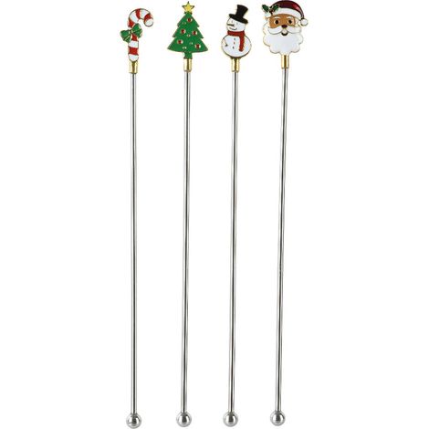 Kaemingk – Agitateurs de Noël Père Noël, bonhomme de neige, sucre d’orge et sapin, lot de 4, acier inoxydable (1/2)