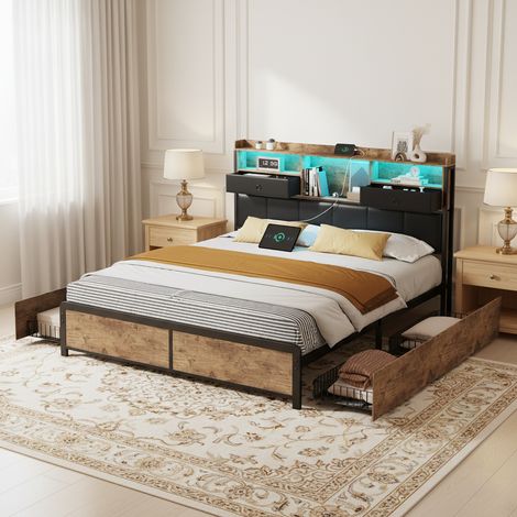 Lit 140x200 avec 4 tiroirs, lit double capitonné, lit adulte avec éclairage LED, sommier en métal, rangement, Noir (1/5)