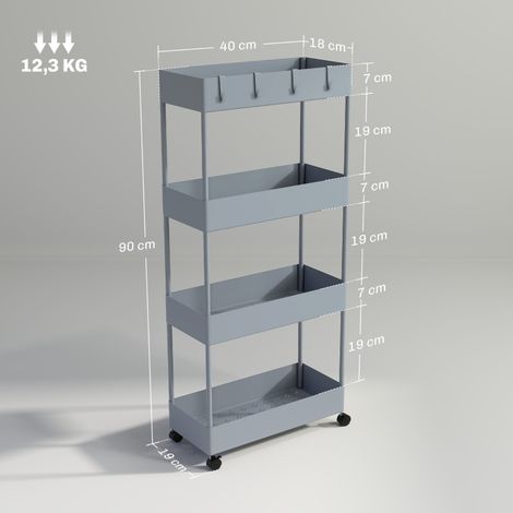 Chariot de cuisine roulant, support de rangement 4 étagères, freins inclus, idéal pour cuisine, chambre ou salon. Plastique gris, dimensions 40 x 19 x 90 cm. (1/5)