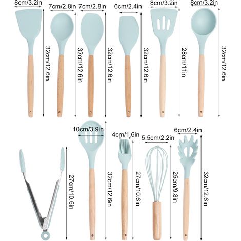Ensemble de 12 ustensiles de cuisine antiadhésifs en silicone vert clair avec boîte de rangement (1/5)