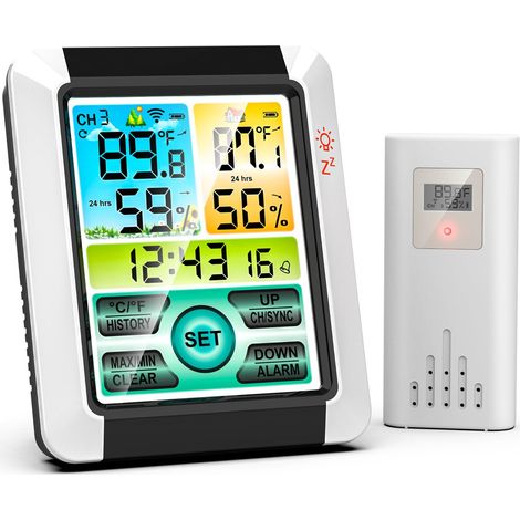 Station météo avec réveil, thermomètre intérieur et extérieur, appareil de mesure de l'humidité sans fil avec une portée de 200 FT/60 m, écran tactile rétroéclairé (1/5)