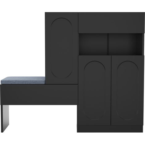 Meuble à chaussures 2 en 1 noir avec assise rembourrée 130x35x110 cm, portes abattantes soft-close (1/5)