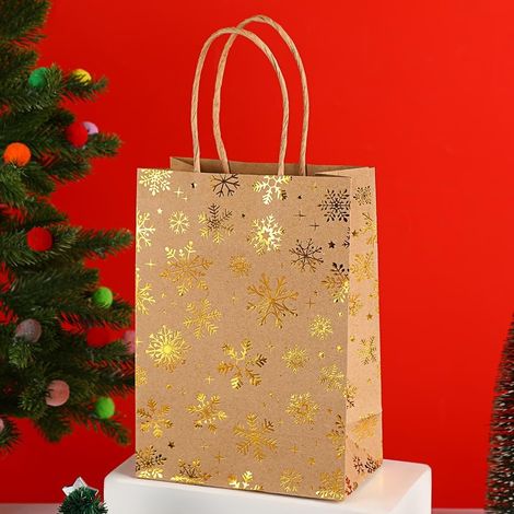Set mit 12 weihnachtlichen Geschenktüten aus Kraftpapier, heißgeprägt, mit Henkeln, für Weihnachts- und Silvesterpartys (Schneeflocken)