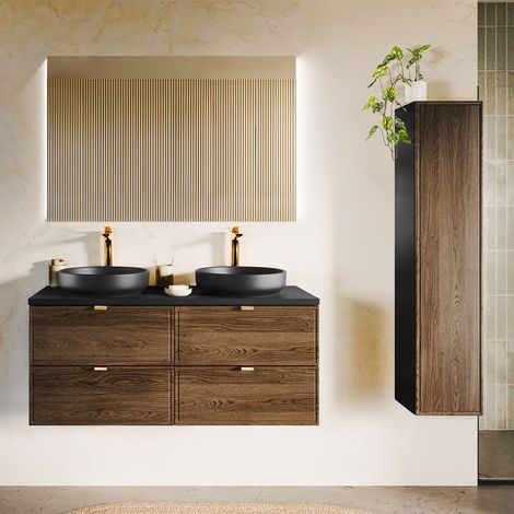 Conjunto mueble lavabo doble 120cm y columna Elena Madera y negro