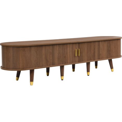 Table basse avec rangement et ensemble 2 pièces portes coulissantes façade à rainures verticales pieds en bois poignées dorées (1/5)