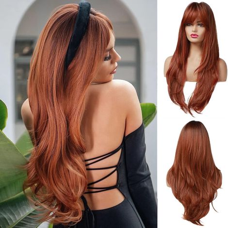 perruque Naturelle Fminine Orange 26" Avec Frange, Longue Perruque Verticale Naturelle Avec Racines Fonces, Perruque Synthtique Rsistante La Chal (1/5)