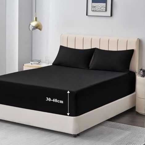 Drap Housse 90x190/200 Grand Bonnet 40 cm - Drap Housse 1 Personne 90x200/190 Grand Bonnet 40 cm Matelas en Microfibre Oeko-Tex avec Élastique Tout Autour, Noir (1/4)