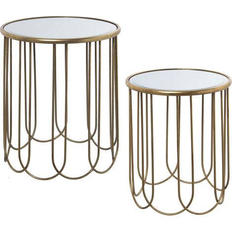 Lot de 2 Tables d'appoint Rondes en métal et Miroir en Or 42 x 50 cm et 37 x 45 cm (1/3)