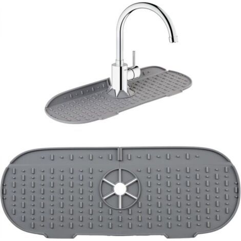 Tapis de robinet silicone anti-éclaboussures 37x14 cm Gris - Support d'éponge et évacuation pour évier cuisine et salle de bain (1/4)