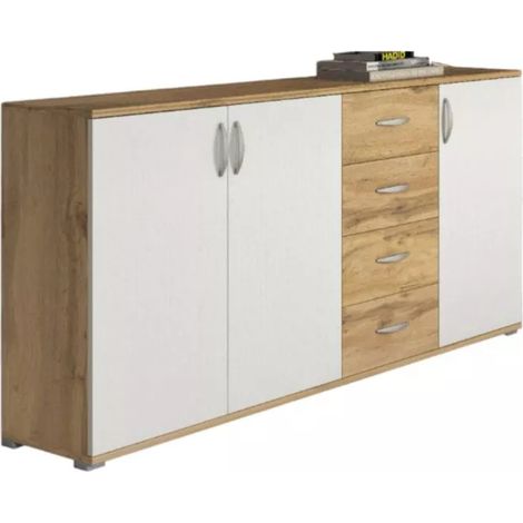 credenza buffet bellahome 3 ante 4 cassetti rovere e bianco 160x35x83 cm