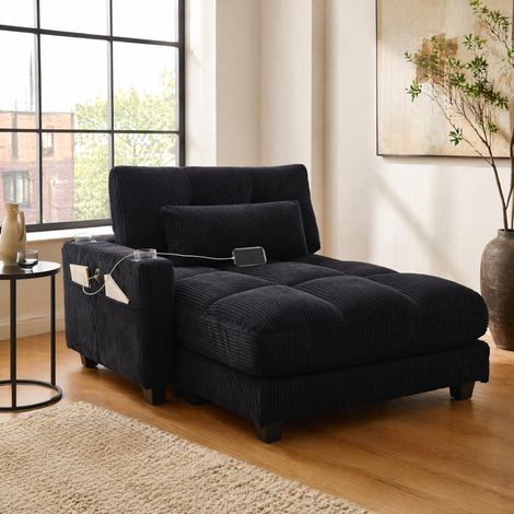 Poltrona relax nera in velluto a coste, 140 x 112 x 81 cm, con USB, portabicchieri e tasca HAVRYA (1/5)
