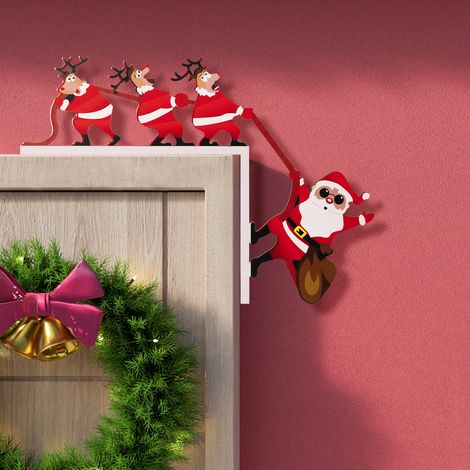 Türrahmendekoration mit Weihnachtsmannmotiv, Rentier zieht Weihnachtsmann-Türeckenaufkleber aus Holz, kreative Türrahmenverzierung