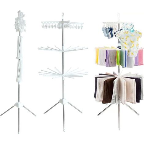 Séchoir à linge pliable à 3 niveaux, cintre tripode de grande capacité en acier inoxydable rotatif à 360 degrés, 27 x 27 x 67in (1/5)