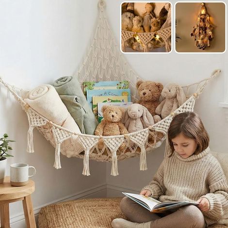 Hamac d'angle pour peluches Filet robuste fait main pour peluches Support pour peluches en corde macramé double de 4 mm Filet 100 % coton naturel pour peluches Hamac pour jouets avec éclairage LED (1/5)