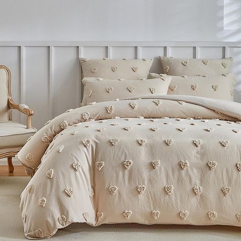 Bettwäsche-Set 135x200cm mit Herzmuster, beige, Mikrofaser, 1 Kissenbezug 80x80cm