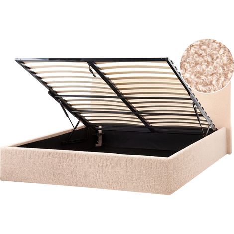 Cama tapizada de bouclé 160 x 200 cm con almacenaje cabecero elevable beige Orbey