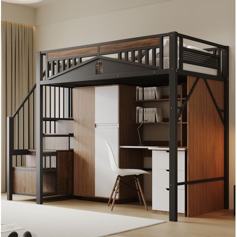 DESVIAE Lit mezzanine 90 x 200 cm en métal avec escalier de rangement garde corps securise fenetre decorative et petit placard noir (1/5)