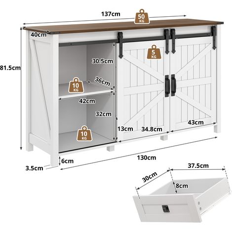 Buffet, rangement intégré, avec tiroirs, 137 x 40 x 81,5 cm, MDF, blanc (1/5)