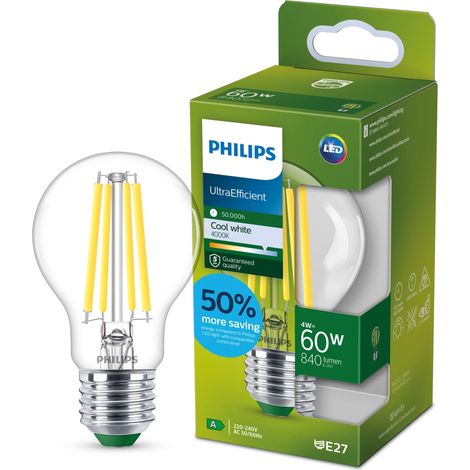 ampoule LED Ultra Efficient Classe A, 60W, culot E27, blanc froid 4000K, transparente, verre (1/5)
