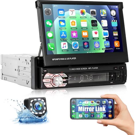 Radio para coche Bluetooth de 1 DIN con Mirror Link para iOS/Android, pantalla táctil motorizada y ampliable de 7 pulgadas con Bluetooth, FM, USB + cámara de marcha atrás. (1/5)