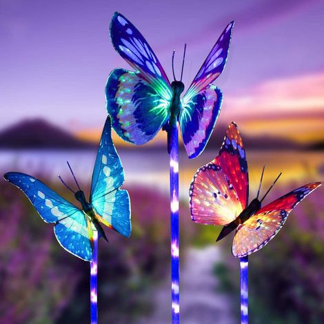 Lampes de jardin solaires décoratives d'extérieur, lot de 3 lampes de jardin à énergie solaire avec papillon multicolore LED change (1/5)