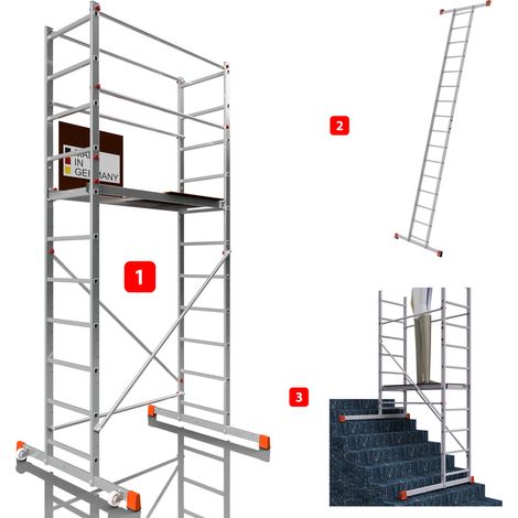 AluCombine 3.0 - 400, Arbeitshöhe 4m, Leiterngerüst mit Traverse, Wandanker & 2x Bockrollen (Ø80mm)