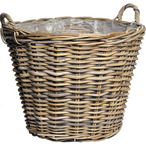 Spetebo – Panier à plantes en osier naturel 42 cm – Panier tressé avec film plastique – Pour balcon, jardin et intérieur – Poignées pratiques