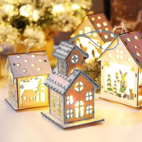 Décorations de Noël, maisons en bois décorées de lumières, pendentifs pour sapin de Noël, fêtes (1/3)