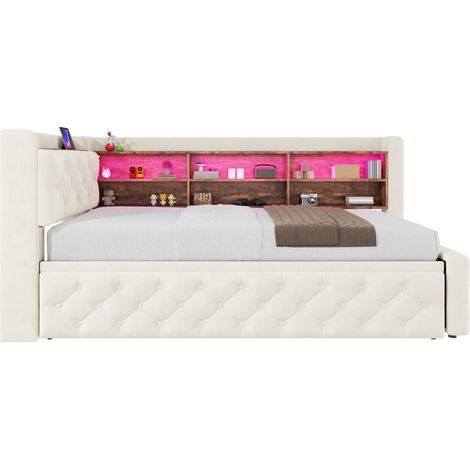 Canapé-lit extensible 90x190 cm en velours beige, avec rangement, tête de lit bois, LED, USB et Type-C, sommier à lattes, pour salon - CHICFURN (1/5)