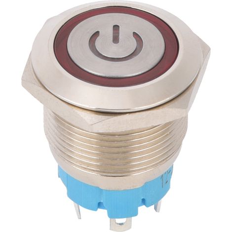 Lot de 2 interrupteurs à bouton-poussoir 4 broches, tête plate ronde de 19 mm, boîtier en acier inoxydable avec voyant lumineux, IP65, 12-24 V CC, rouge (1/5)