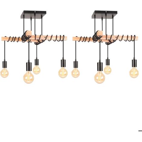 2pcs 4lampes Suspension Luminaire Industrielle,Lustre Vintage en Métal et Bois E27 Luminaire Plafonnier Réglable Retro (1/5)