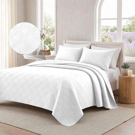 Doux Couvre-Lit Quilt, 160x260cm, Couvre-Lit Ultrasonique Matelassé, Moderne Géométrique CouvreLit, pour Toutes Les Saisons, CouvreLit pour Canapé Ou Fauteuil, Blanc (1/5)
