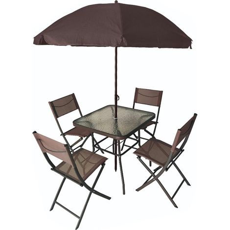 TRADE SHOP - Set Giardino Sharm Tavolo Con Ripiano Vetro 70x70cm 4 Sedie Pieghevoli Ombrellone Parasole - Marrone (1/4)