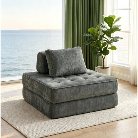 Divano letto 1 posto 2-in-1 in ciniglia grigia con cuscino HAVRYA (1/5)