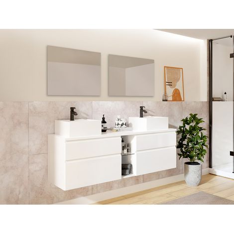 Meuble de salle de bain suspendu avec double vasque et miroirs - Blanc - L150 cm - MAGDALENA II (1/4)