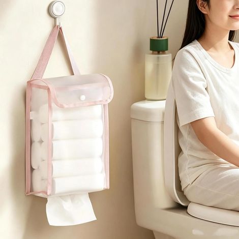 Pochette de rangement mural pour papier rose sans perçage Distributeur étanche pour papier essuie-tout et sacs poubelle Organisateur multifonction grande capacité pour cuisine et salle de bain (1/5)