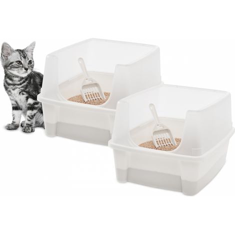 Iris Ohyama, 2 Pack, Bac à litière pour chat avec côtés hauts, pas de déversement de litière, bord haut amovible, pelle incluse, pour chat - Cat Litter Box CLH-12 - Blanc