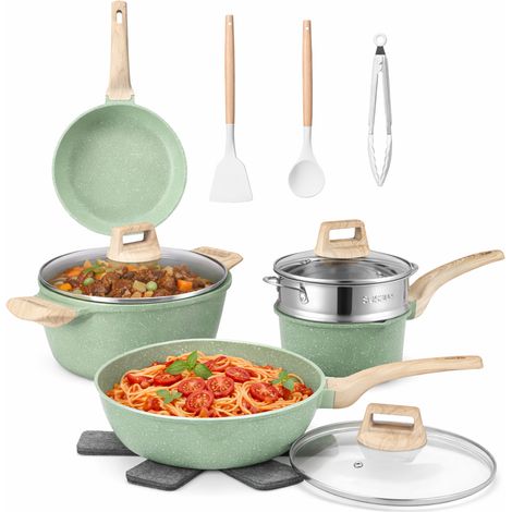 Batteria Pentole 15 Pezzi con Accessori e Coperchi in Alluminio Pressofuso Verde (1/4)