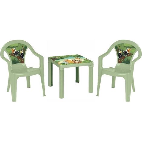 Una mesa y dos sillas, de color verde pastel.