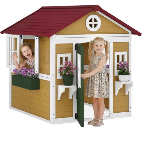 Casita de juegos exterior para niños con puertas, ventanas y jardineras, 114 x 126,4 x 135 cm, color beige. (1/5)