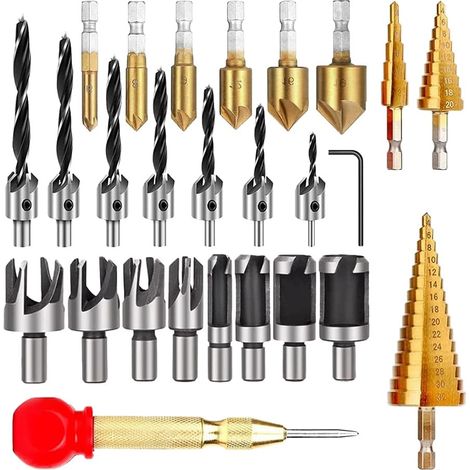 Paquet de 26 Travail Du Bois Outils de PerçAge de Chanfrein Ensemble de Forets Bouchon en Bois Coupeur Trois Pointes Forets à (1/5)