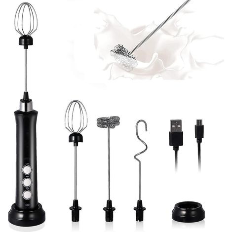 Mousseur à lait portable, fouet électrique rechargeable USB à 3 vitesses, mini mousseur, avec 3 fouets en acier inoxydable, idéal pour le café Bulletproof, les lattes et les cappuccinos noirs. (1/5)