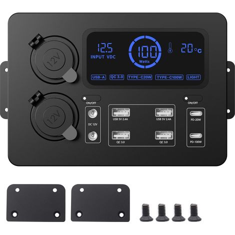 Mini-Power-Box 12 V, 100 W mit LCD-Display, LED-Leuchten, USB-C- und QC3.0-Anschlüssen, tragbarer Steuer-Hub für Wohnmobil, SUV, Boot, Yacht, Auto