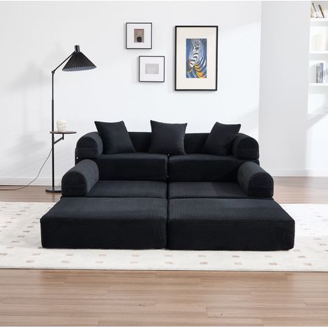 Divano modulare 270x180x64 cm, trasformabile in letto, con tasca laterale, velluto a coste nero (1/5)